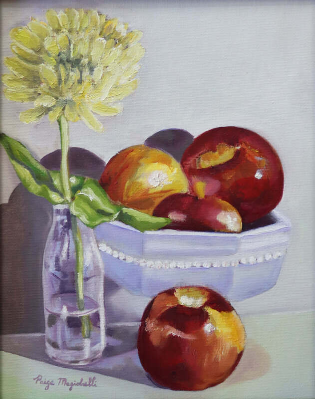 Little Things, a still life of apples, a white bowl and a yellow flower